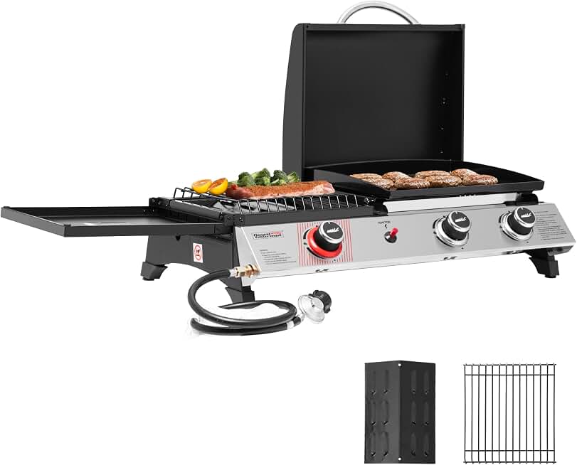 Royal Gourmet PD1305H 3-Burner Propane Gas Grill, Griddle Combo with Lid | 3-in-1 Grill Griddle Combo | 29,000 BTUs Output, 364 Sq. In. Cooking Area | for Outdoor Cooking, Silver &amp; Black