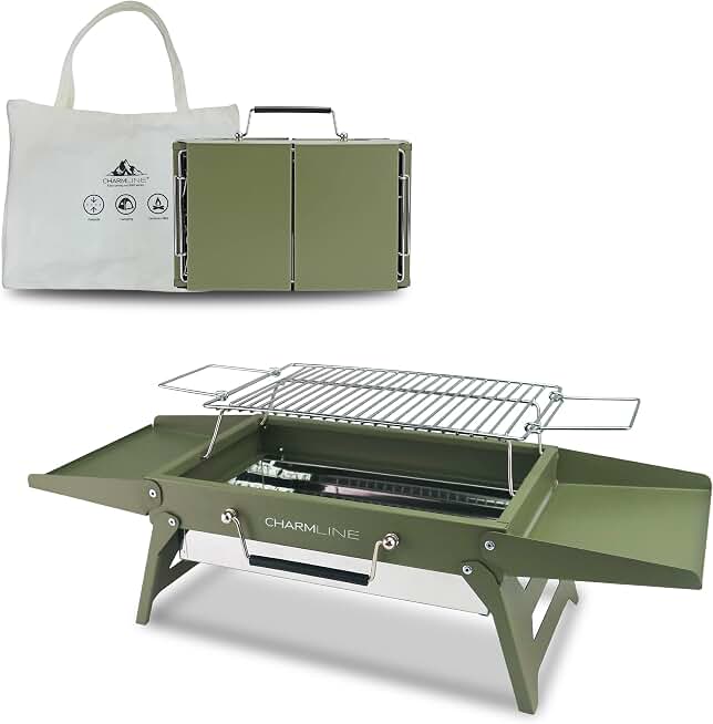 Charmline 14 x 9 inches Small Portable Charcoal BBQ Grill, Foldable Compact Camping Barbecue for 1–3 People, Ideal for Camping, Tailgating, Beach, Picnic &amp; Tabletop Use, Green