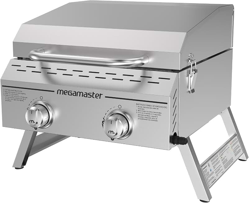 Megamaster Tabletop 2 Burner Gas Grill, Stainless Steel with Foldable Legs | Offers 16000 BTU, Built-In Thermometer, 199 Sq In Cooking Space, Use with Standard 20 lb tank, For Camping &amp; Tailgating