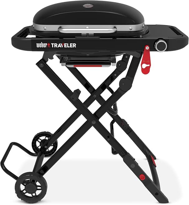 Weber® Traveler® Compact Portable Gas Grill for Outdoor Cooking, Propane | Folding Portable Grill with Wheels for Camping, Tailgating &amp; Travel, Easy Open &amp; Close, Camping Grill, Portable BBQ Grill