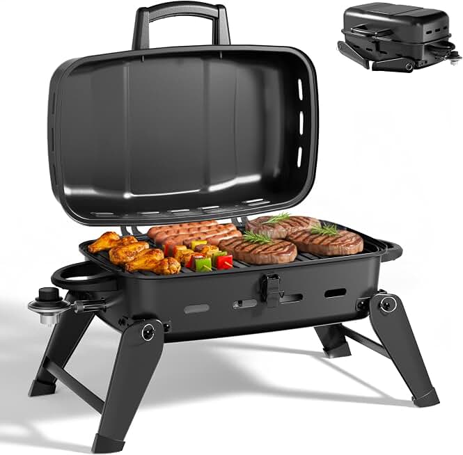 MASTER COOK 10,000 BTU Portable Gas Grill, Outdoor Compact Tabletop BBQ Small Propane Grill with Foldable Legs for RV, Hiking, Camping, Patio, Tailgating