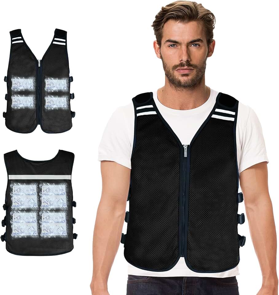 Cooling Vest with 32 Ice Packs, Reflective Ice Jacket for Hot Weather | 8 Pockets, 3-5 Hr Cooling, Lightweight Mesh, Adjustable Fit, Reflective Safety, Zipper Closure