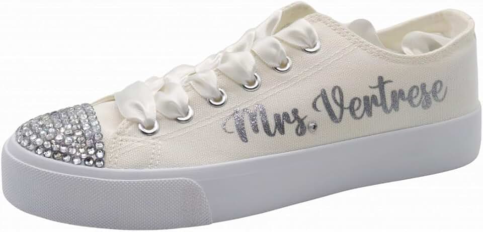 Handmade Stylish Bride Casual Custom Canvas Shoes-Mrs. Wedding Fashion Outdoor Tennis Bridal Personalize-Sparkly Cute Flats Bride Tennis Dazzled