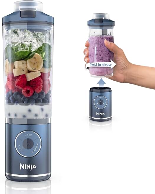 Ninja Blast Max Portable Blender, Twist &amp; Go, 22oz, Navy, BC251NV | Twist &amp; Go removable 22-oz vessel. Auto-iQ Crush &amp; Smoothie programs, cordless. Dishwasher safe, leakproof lid.