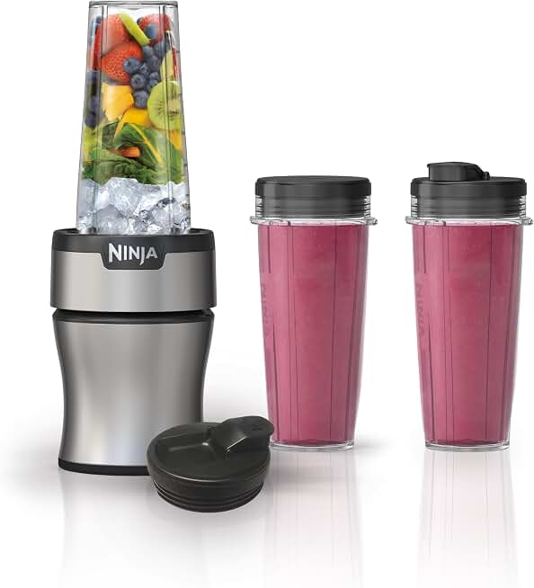 Ninja Nutri-Plus Personal Blender, 900PW, (3) 20oz Cups, Silver, BN301 | 900-peak-watt push-to-blend motor for smoothies &amp; sauces. (3) 20-oz cups, 2 spout lids &amp; storage lid. Dishwasher safe.