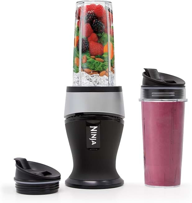 Ninja Fit Compact Personal Blender, 700W, (2) 16oz Cups, QB3001SS | 700-watt base blends smoothies, shakes &amp; frozen drinks. (2) 16-oz to-go cups w/ spout lids. Dishwasher safe.