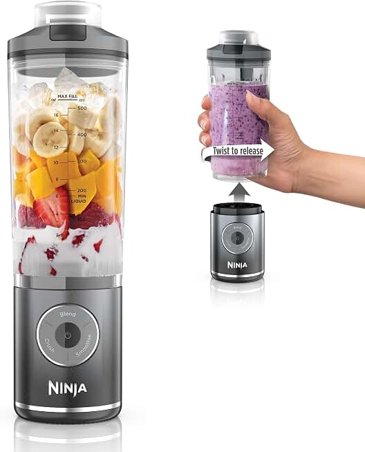 Ninja Blast Max Portable Blender, Twist &amp; Go, 22oz, Grey, BC251GY | Twist &amp; Go removable 22-oz vessel. Auto-iQ Crush &amp; Smoothie programs, cordless. Dishwasher safe, leakproof lid.