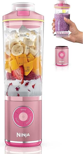 Ninja Blast Max Portable Blender, Twist &amp; Go, 22oz, Pink, BC251PK1 | Twist &amp; Go removable 22-oz vessel. Auto-iQ Crush &amp; Smoothie programs, cordless. Dishwasher safe, leakproof lid.