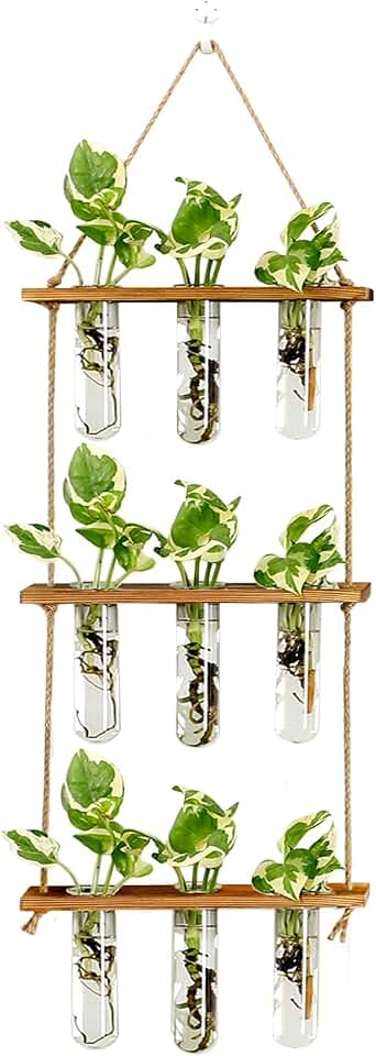 XXXFLOWER Wall Hanging Propagation Station with Wooden Stand Glass Test Tubes Tiered Planters Wall Terrarium for Home Office Plant Hanger Flower Vases Wall Decor Hydroponic Cuttings (9 Tube Vases) Global Recycled Standard