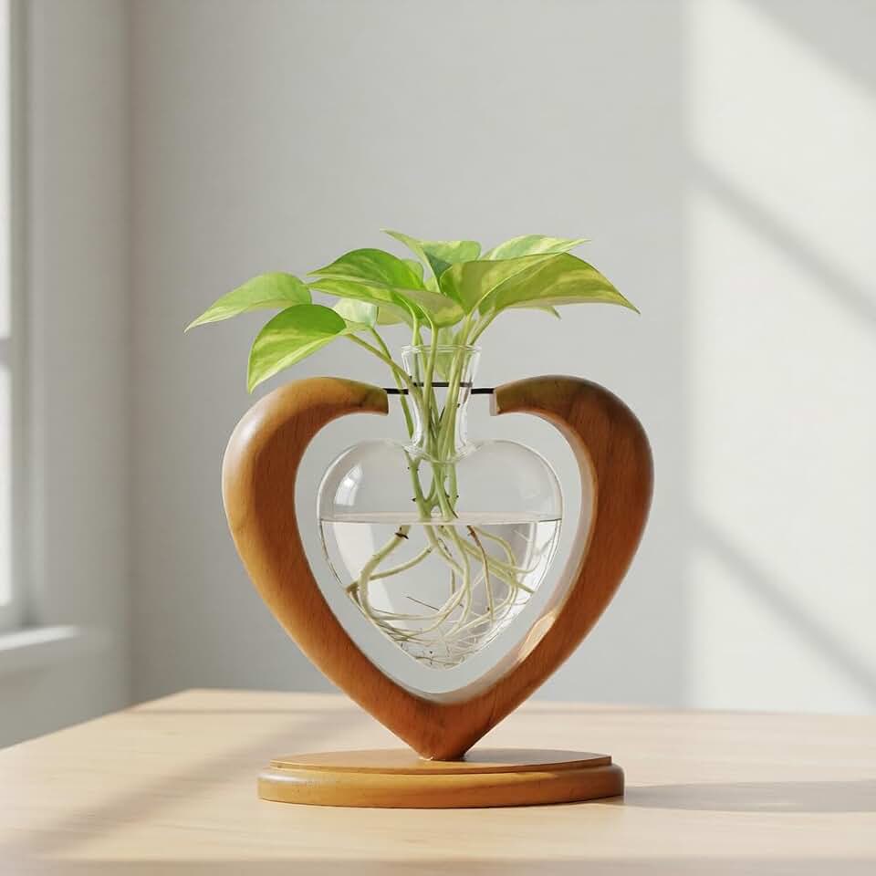 Plant Propagation Station, Heart Glass Vase, Solid Wooden Stand | Rooting Vase for Cuttings, Plant Terrarium, Air Plant Holder, Plant Lovers Mom Wife Gift Home Office Christmas Tabletop Decor