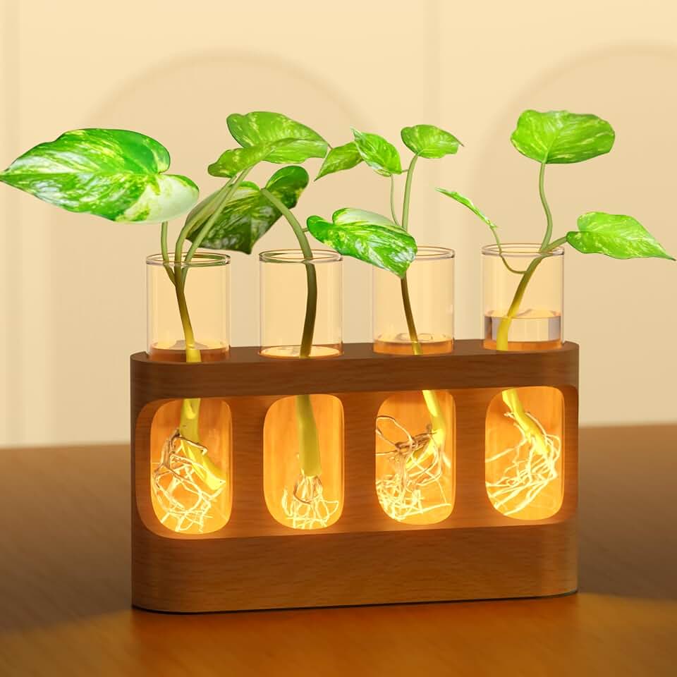 Plant Propagation Station with 9-Speed Adjustable LED Lights | Wooden Stand, 4 Glass Test Tubes for Hydroponic Plants, Unique Gift for Plant Lovers