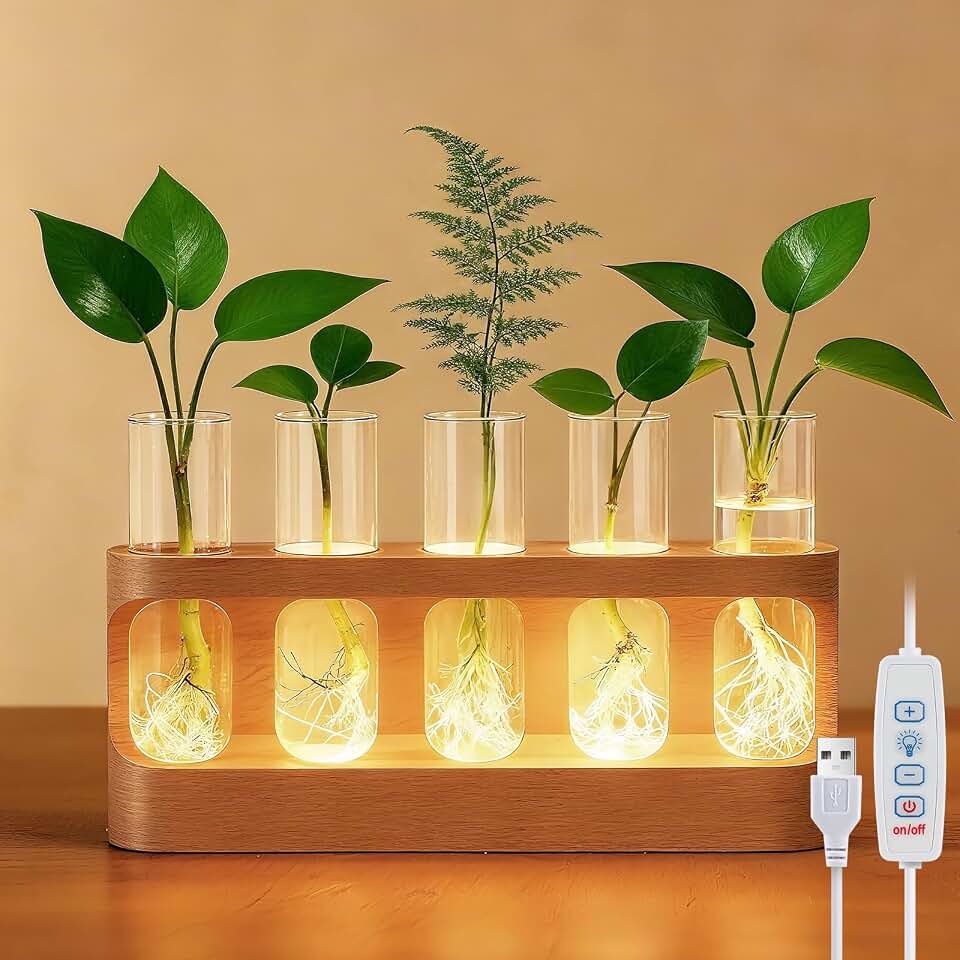 Tigvio Plant Propagation Station with 9-Level Dimmable LED Light | 5 Glass Test Tube Vases, Wooden Stand for Hydroponic Plants, Gardening Gift for Women &amp; Plant Lovers &amp; Home Decor