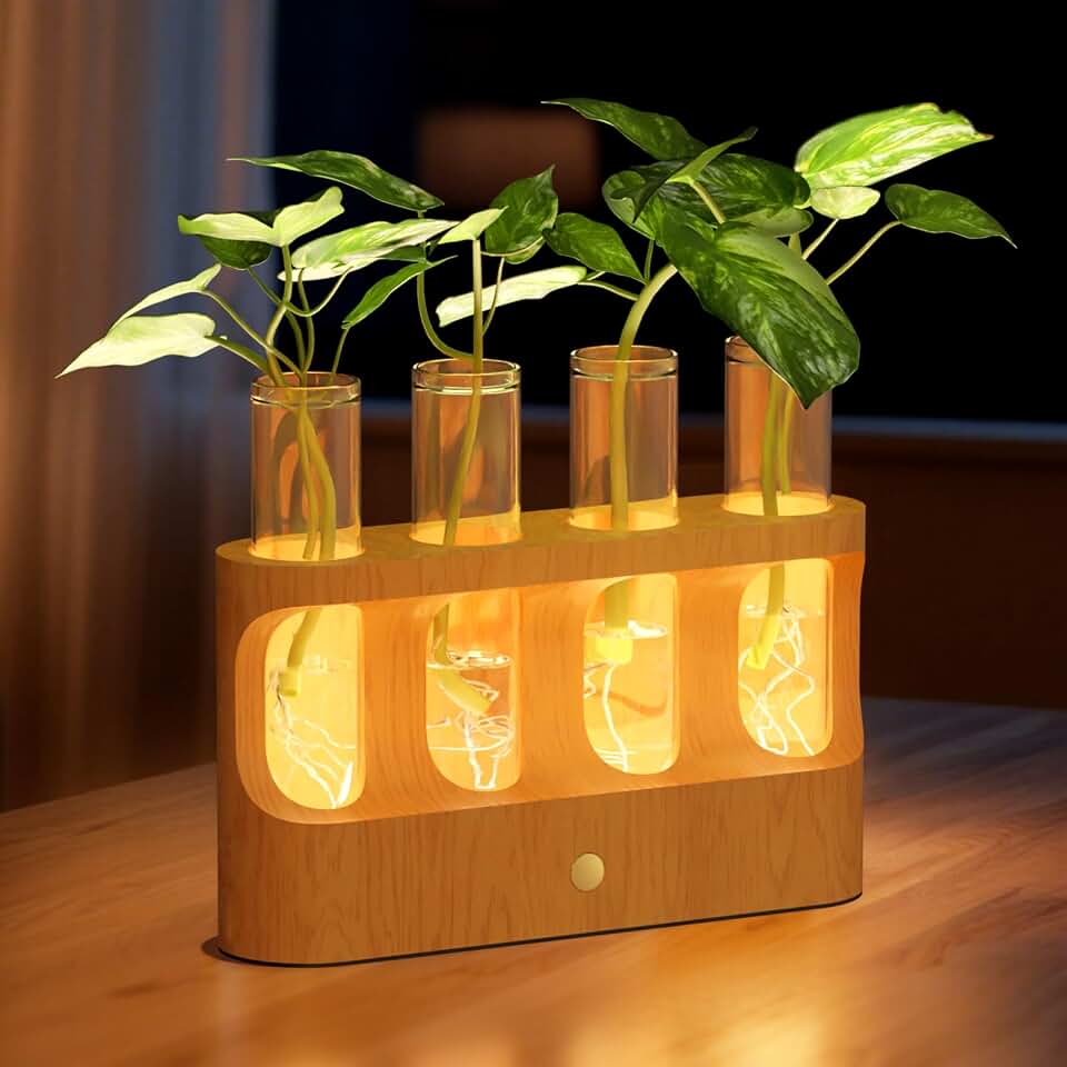 Lightalent Rechargeable Plant Propagation Station, LED Hydroponic Terrarium | Wooden Stand with 4 Glass Tubes and Adjustable LED Light for Indoor Plant Growing, Home Decor and Plant Lover Gifts.