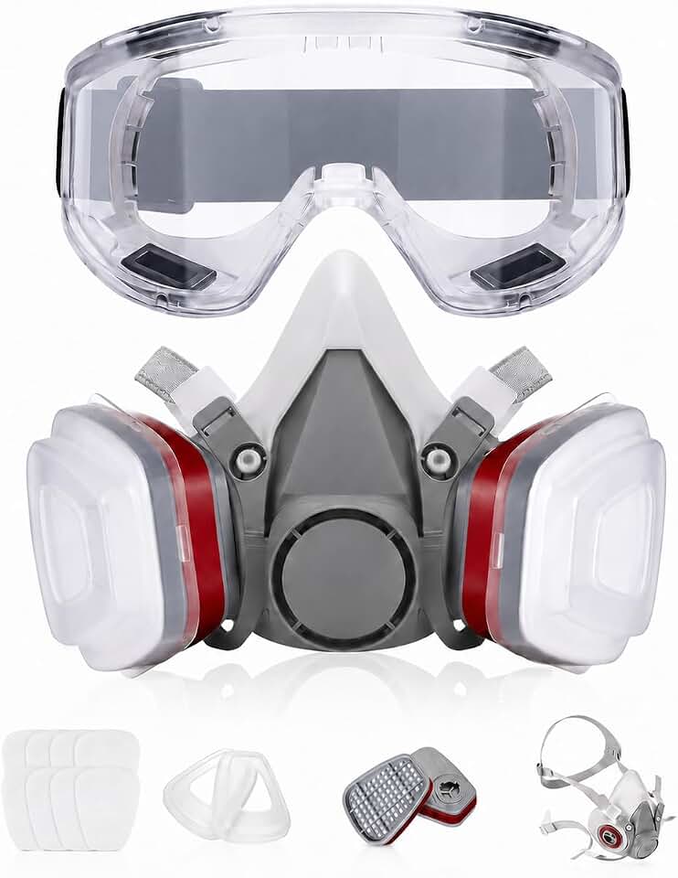 LAUCO Premium Respirator Kit - Reusable Half Face Cover Set with Safety Glasses for Gas, Painting, Machine Polishing, Staining, Car Spraying, Sanding &amp; Cutting, DIY and Other Work Protection