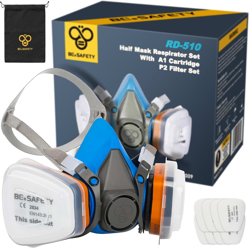 Half Face Respirator Mask with 2 A1 Gas Filters &amp; 8 P2 Dust Replacement Filters, RD-510 Reusable Respirator for Cleaning,Painting, Resin, Solvent Fumes,Sanding,Home and Industrial Dust