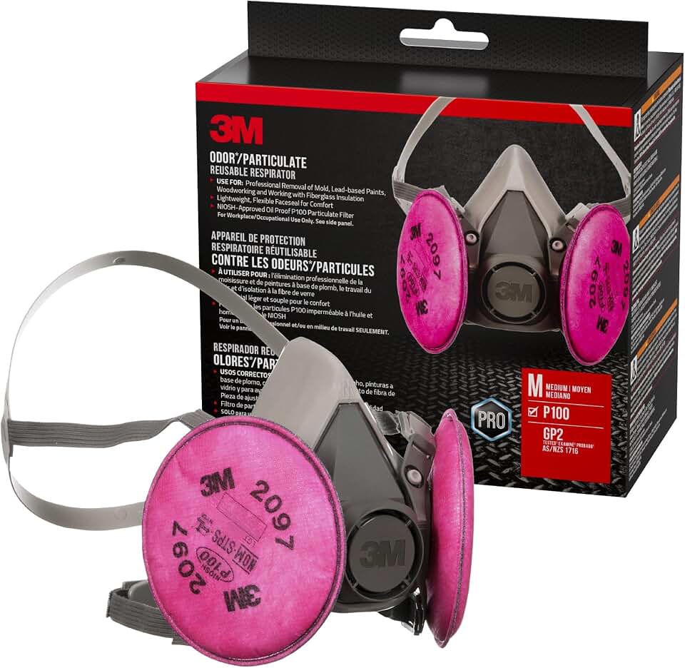 3M P100 Performance Mold &amp; Lead Paint Removal Respirator, Medium | NIOSH-APPROVED P100 Rated Filter, Carbon Layer Helps Reduce Odor Nuisance, Lightweight, Adjustable Head Straps (6297P1-DC)