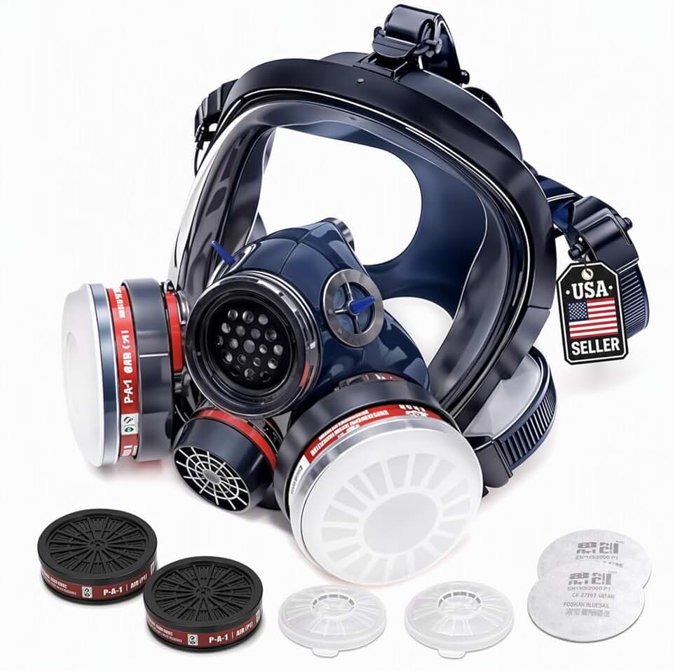 Full Face Organic Vapor Respirator - Protective Eye &amp; Nose Shield with Anti-Fog Heavy Duty Lens &amp; Adjustable - Chemical, &amp; Particulate Respirator. Includes 2 Filter Cartridges - Industrial Grade