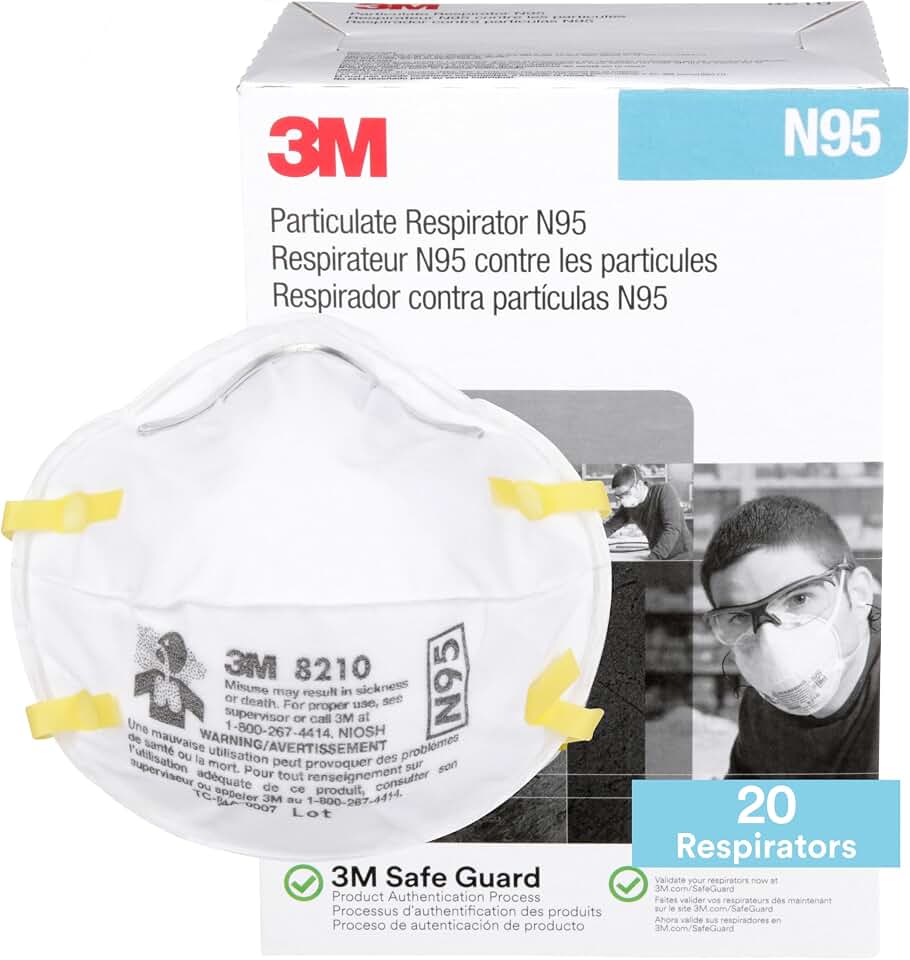 3M Particulate Disposable Respirator 8210, N95, Pack of 20, NIOSH APPROVED | Two-Strap Cup Style Design, Lightweight, Cushioning Nose Foam