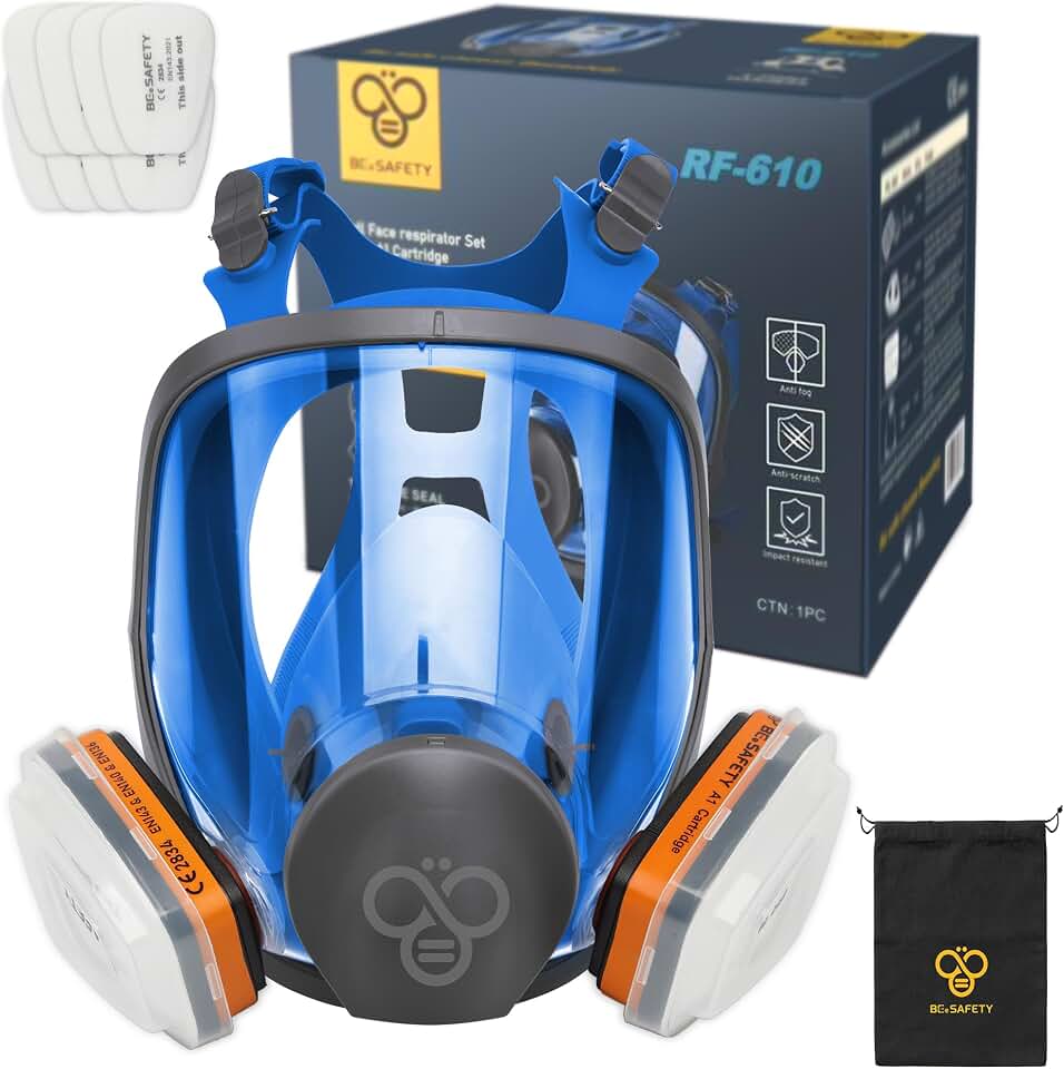 Full Face Respirator Mask with 2 A1 Organic Vapor Filters &amp; 8 P2 Dust Filters, RF-610 Reusable Respirator for Dust,Gas,Painting, Resin, Chemical,Sanding, Renovation
