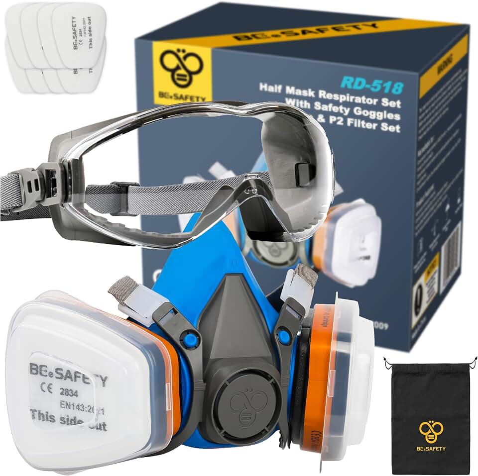 Half Face Respirator Mask with Safety Goggles, 2 A1 Organic Vapor Filters &amp; 8 P2 Dust Filters, RD-518 Reusable Respirator for Painting,Dust,Gas, Sanding, Spraying, Chemicals, Cleaning