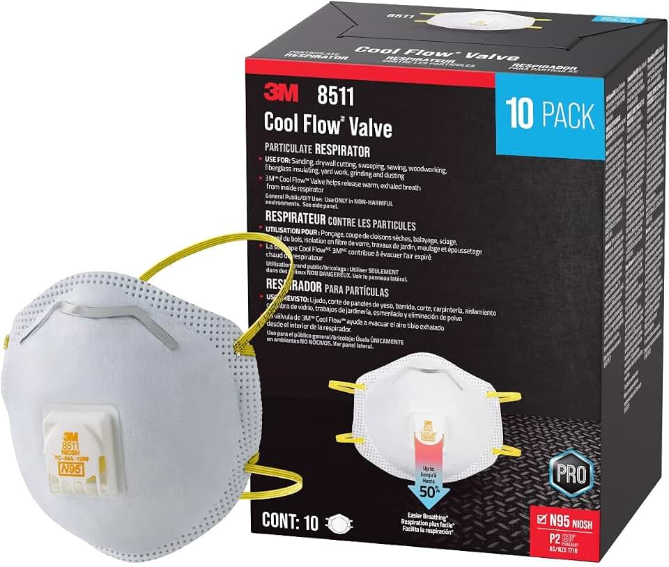3M 8511 N95 Cool Flow Valved Respirator, 10-Pack | NIOSH-Approved, Relief From Dusts And Certain Particles During Sanding, Pollen, Mold Spores, Dust Particles