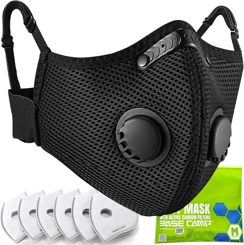 BASE CAMP M Plus Dust Mask, Breathable Reusable Face Mask with 6 Activated Carbon Filters for Woodworking Construction Mowing Grinding (Modern1)