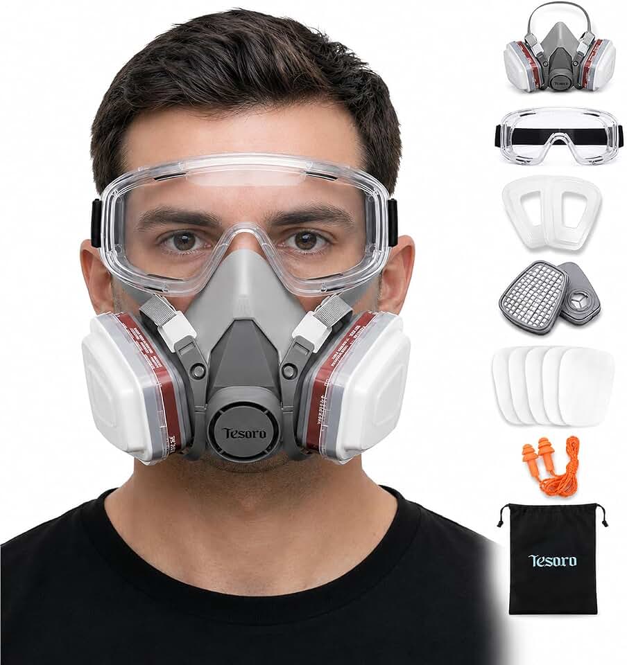 Respirator Mask for Spray Painting, Woodworking, Welding, Dust, and General Safety with Clear Eye Goggles, 10 Replacement Filters, Half Face Cover with Safety Glasses