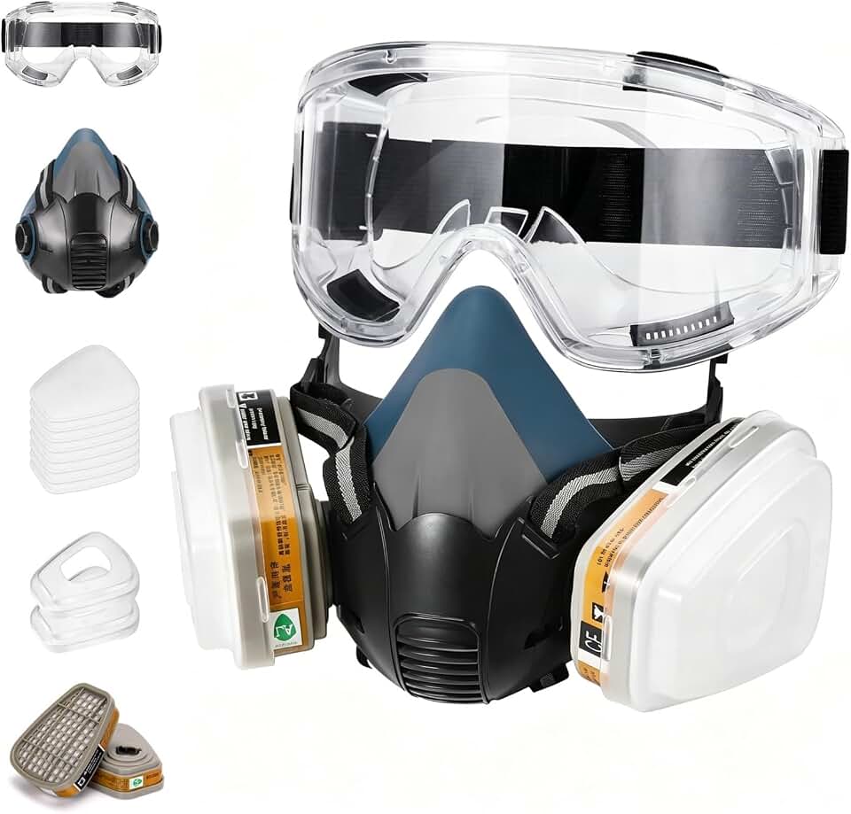 Blue Chemical Respirator with Goggle for Epoxy Resin, Painting | Respirator for Spraying, Sanding, Woodworking, Welding Work