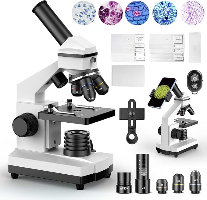 PalliPartners Compound Microscope for Adults &amp; Students, White | 100X-2000X High-Power, Biological Microscope, School Lab &amp; Home Education, with Slides Set &amp; Phone Adapter ClimeCo Certified