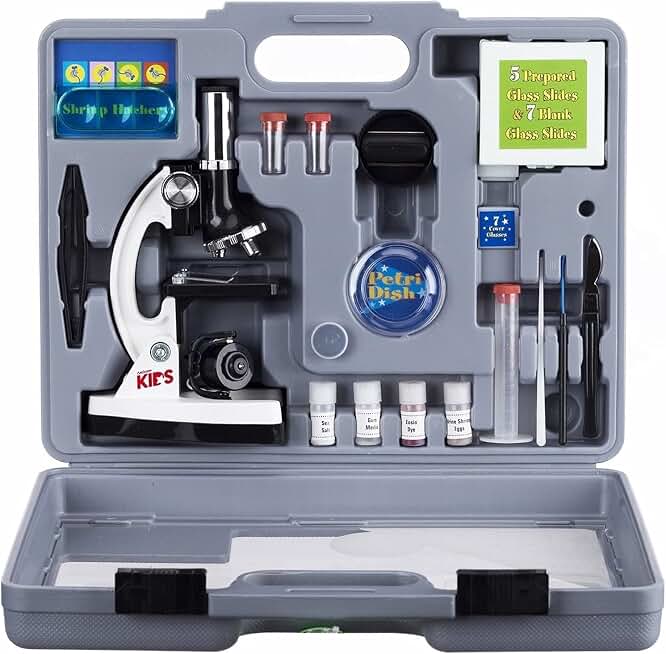 AmScope M30-ABS-KT2-W Beginner Microscope STEM Kit, White | 120X-1200X Magnification, 52-Piece Kit, Metal Body, Plastic Slides, LED Light, Carrying Box