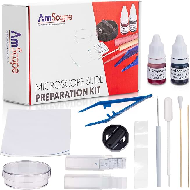 AmScope SP-14 Microscope Slide Preparation Kit Including Stains | Includes Blank Slides, Eosin Red &amp; Methylene Blue Stains, Tweezers, Swab &amp; More