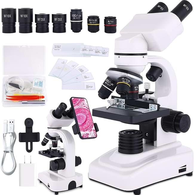 Microscope for Adults &amp; Kids,40-2500X Binocular Microscope for School Lab &amp; Home Schooling,with Mechanical Stages,Slides Set &amp; Phone Holder