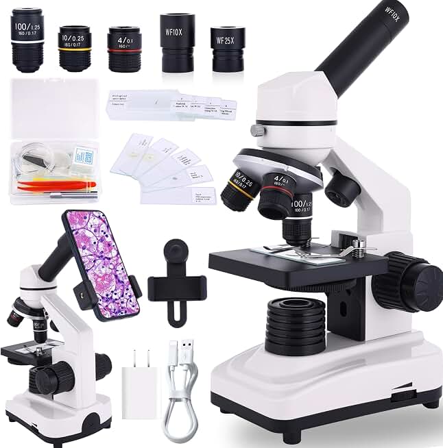 Microscope for Adults &amp; Kids, 40X-2500X High-Power Compound Microscope for Students, School Lab &amp; Home Schooling,Equiped with Slides Set &amp; Phone Holder (White)