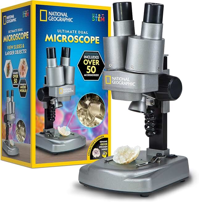 National Geographic Dual LED Microscope Science Kit for Kids Ages 8-12 | Dual LED Illumination, 10 Prepared Slides, 10 Blank Slides, 50+ Pieces, Biology Experiments, STEM Learning, Birthday Gift