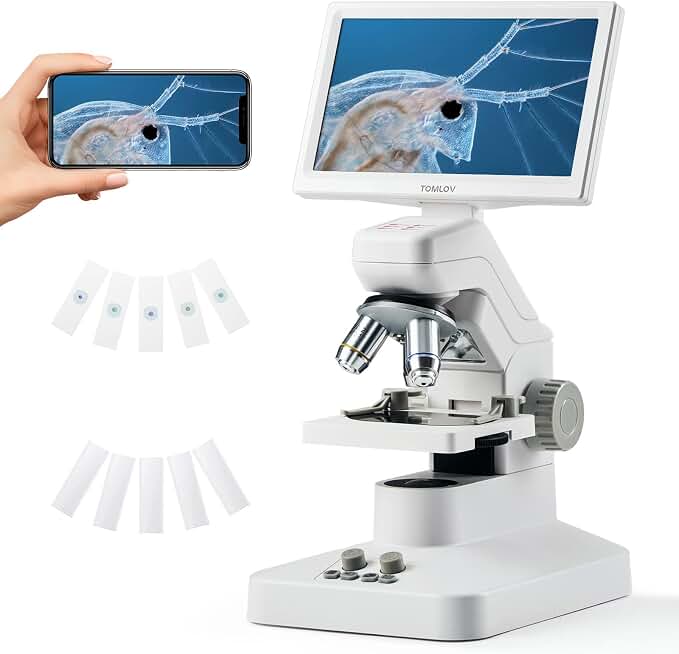 TOMLOV DM301 Pro Microscope for Kids Adults Students, 7" Screen Science Kit | TV/PC View, Camera &amp; Video, Wireless APP Share, Dual LEDs, 1200X Biological Educational Scope with Slides, STEM Experiment
