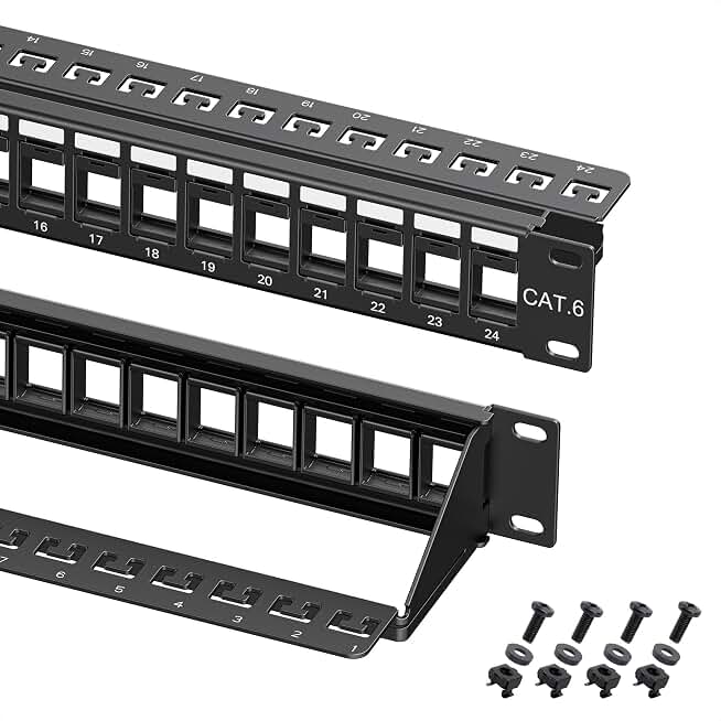 Cable Matters 1U 24 Port Keystone Patch Panel with Cable Management | With Support Bar, Rackmount or Wall Mount, 19-Inch Black Patch Panel for Keystone Jacks