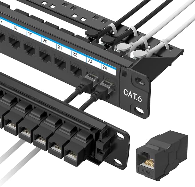 Jadaol [UL Listed] 24 Port Patch Panel Rackmount or Wall Mount 19-Inch 1U | Cat 6 Network Panel Preloaded with 24 Keystone Couplers plus 1 Spare, 10Gbps Ethernet Panel with Cable Management &amp; Back Bar