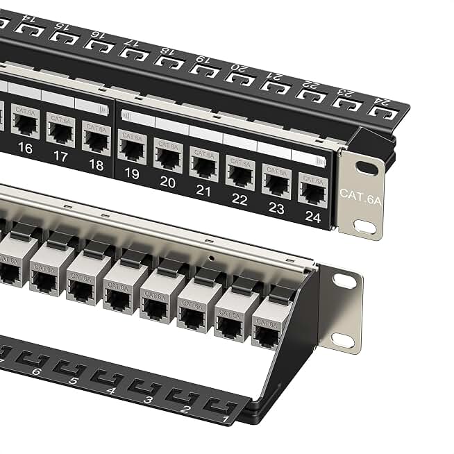 Cable Matters 10Gbps 1U 24-Port Cat6A Ethernet Patch Panel | 19-Inch, Inline Keystone, Cable Management Bar, Rackmount or Wall Mount RJ45 Patch Panel