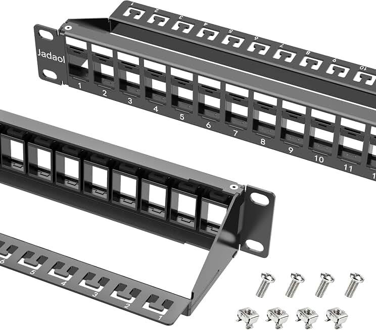Jadaol 1U 24 Port 10Gbps Blank Patch Panel with Cable Management &amp; Back Bar | 19-Inch Rackmount or Wall Mount Keystone Panel for Cat6/Cat6a, HDMI, Coax, Fiber &amp; Audio (No Keystone Jacks Included)