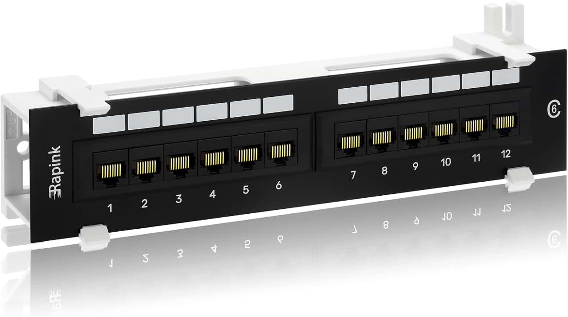 Rapink Patch Panel 12 Port Cat6 10G Support, Network Patch Panel UTP 10-Inch, Wallmount 1U Ethernet Patch Panel Punch Down Block for Cat6, Cat5e, Cat5 Cabling