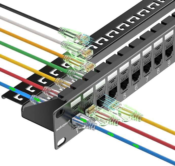 Sokqovt Patch Panel 24 Port Cat6 with Coupler Keystone, Cat6 Network Patch Panel 10G No Punch Down, Time-Saver Ethernet 1U Rj45 Panel with Sturdy Back Bar, 19 Inch Coupler Network Panel