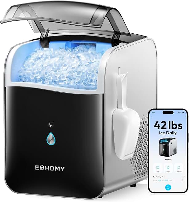 EUHOMY Smart Nugget Ice Maker Countertop, 42lbs/24H, Ready in 7 Mins, Portable Sonic Ice Maker with APP/Alexa Control, Self-Cleaning, Pebble Ice Makers with Hanging Ice Scoop for Home/Office