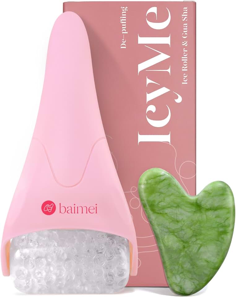 BAIMEI IcyMe Ice Roller for Face &amp; Gua Sha Set, Depuff &amp; Migraine Relief | Cooling Smoothing Guasha Tool for Face &amp; Ice Roller,Daily Beauty Skincare Tool for Home Spa, Self Care Gifts for Ladies-Pink