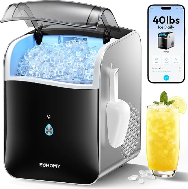 EUHOMY Smart Nugget Ice Maker Countertop, Pebble Ice Maker Machine with APP/Alexa Control, 40lbs/24H, Ready in 7 Mins, Self-Cleaning, Portable Sonic Ice Makers with Hanging Ice Scoop for Home/Office