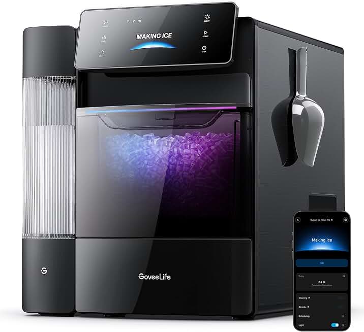 GoveeLife Smart Nugget Ice Maker Pro, 60lbs Daily, 6-Minute Ice, 40dB | Ultra-Quiet with AI NoiseGuard, App &amp; Voice Control, Self-Clean, 3.5lbs Basket &amp; Dual Water Tanks, for Home Kitchen, Party