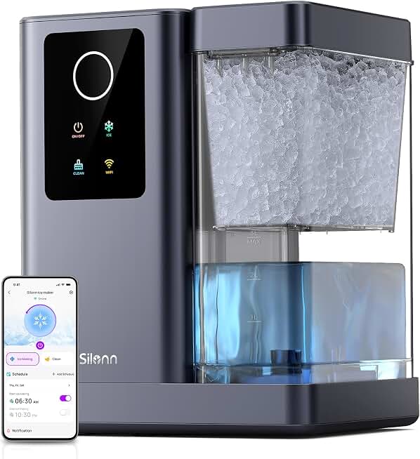 Silonn Nugget Ice Maker Countertop with APP &amp; Voice Control, Self Cleaning Ice Machine with 3L Large Water Tank, 44lbs/24H Soft Chewable Ice, Portable Pebble Ice Maker for Home, Kitchen and Party Global Recycled Standard