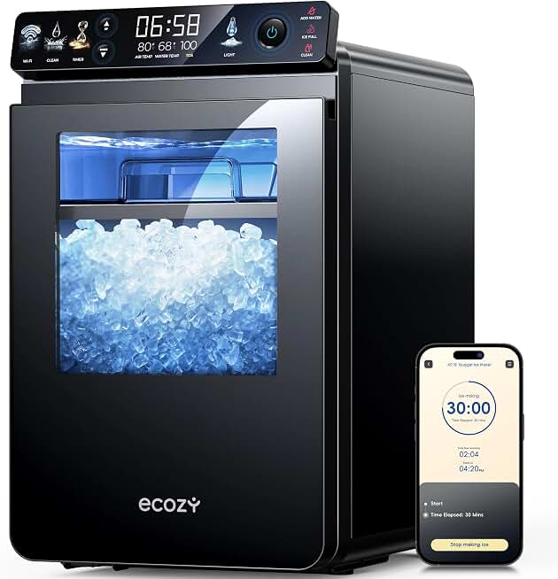 ecozy Nugget Ice Maker Countertop, Smart Ice Machine with APP Control | 44 lbs Per Day Pebble Soft Pellet Chewable Ice with Self-Cleaning, Black