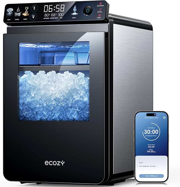 ecozy Nugget Ice Maker Countertop, 44 lbs/24H Ice Machine with APP Control | First Full-Color Smart Panel, Double-Layer Insulation, Pull-Out Water Tank, Soft Pebble Chewable Ice, Self-Cleaning