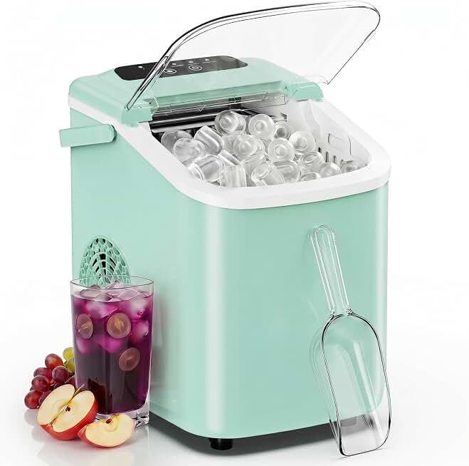 Sweetcrispy Countertop Ice Maker with Scoop, Basket and Handle, Portable Ice Machine 9 Cubes Ready in 6 Mins, 26.5lbs in 24Hrs, 2 Sizes for Home Kitchen Office Bar Party