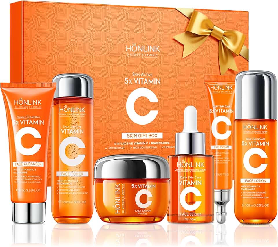 Vitamin C Niacinamide Skincare Set, Daily Facial Care Routine with 6-Piece | Includes Cleanser, Toner, Serum, Moisturizer, Eye Cream &amp; Lotion, Mild Formula, All Skin Types